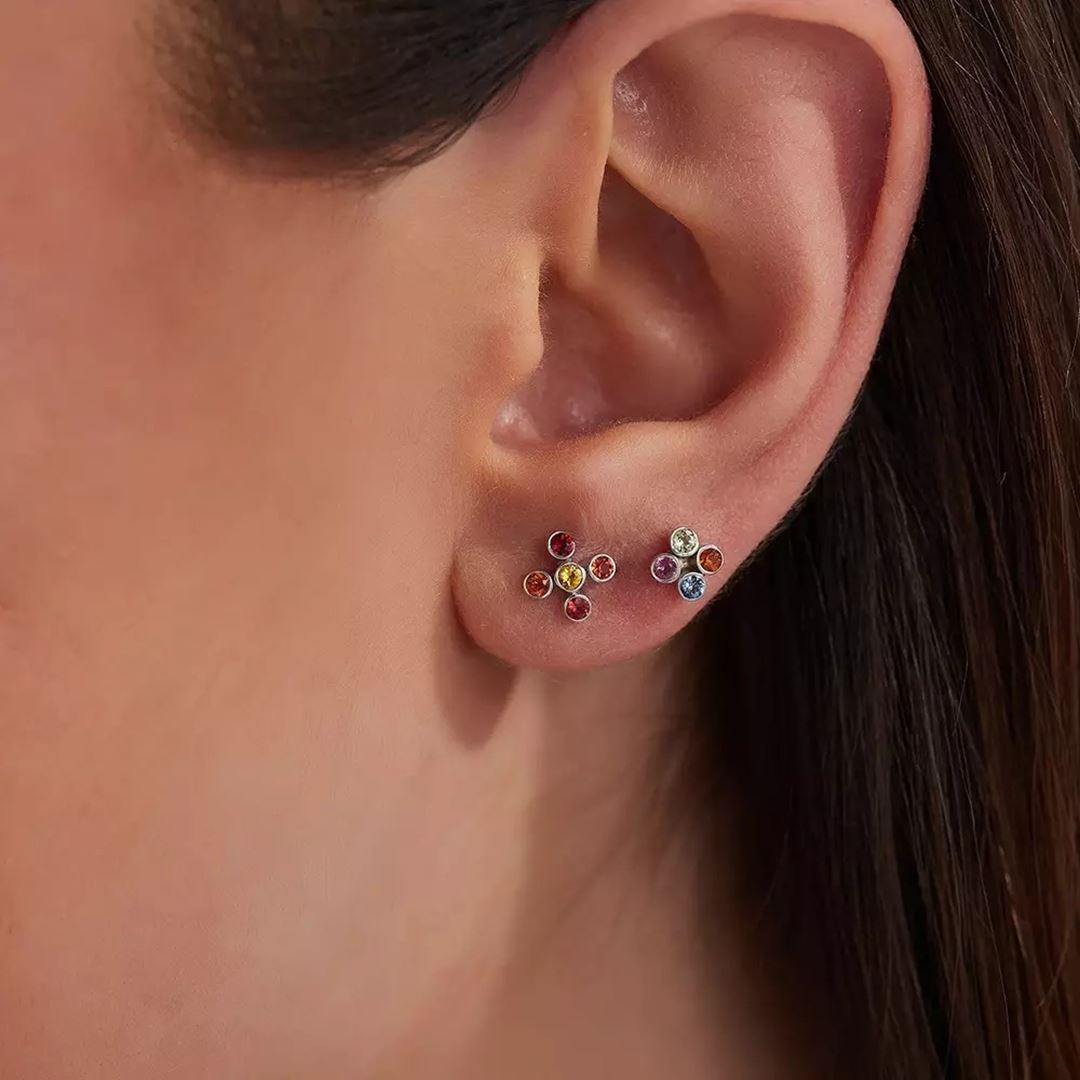 Bliss Frame Multicolor Safir Taşlı Beyaz Altın Tek Küpe