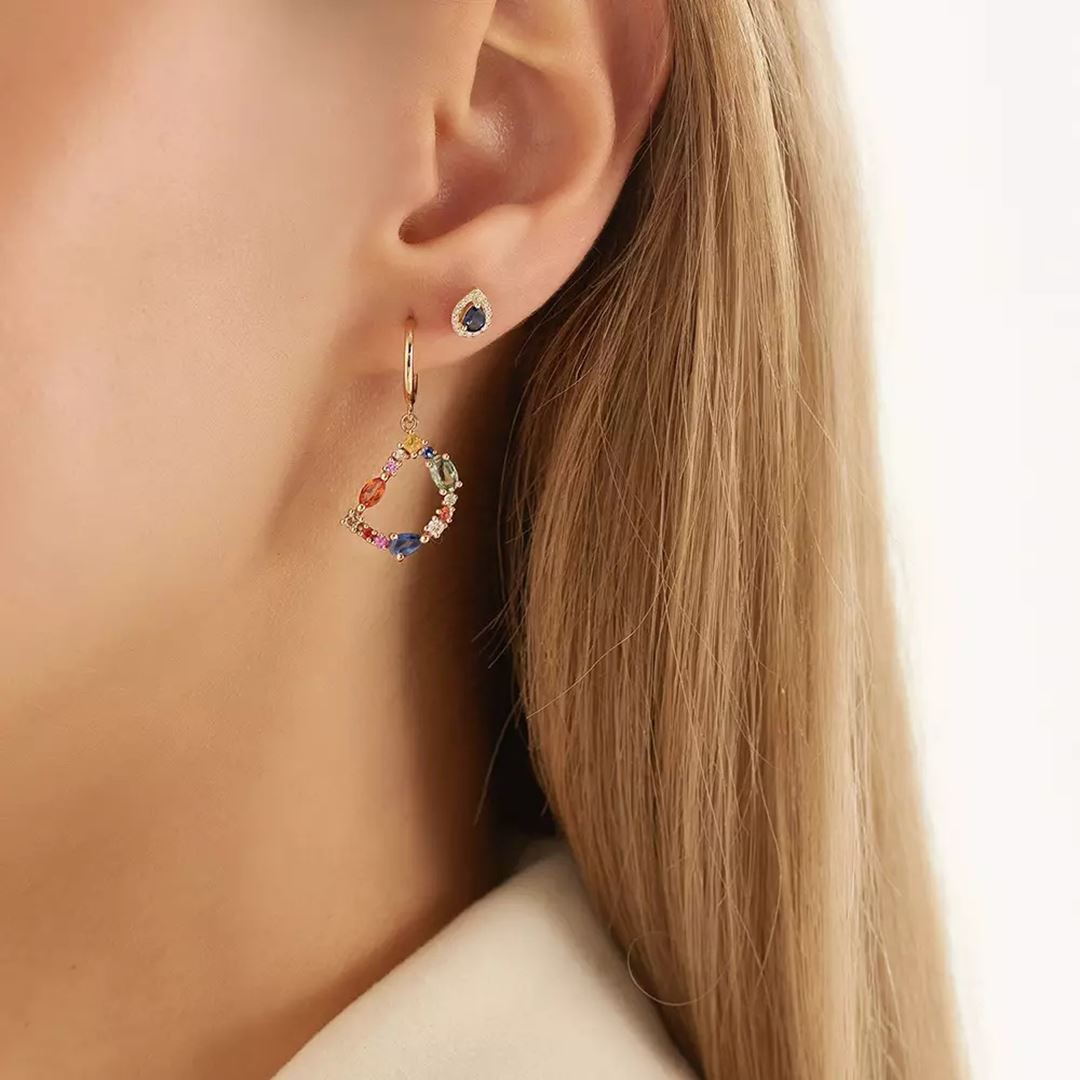 D Harf Multicolor Safir ve Brown Pırlanta Taşlı Tek Küpe