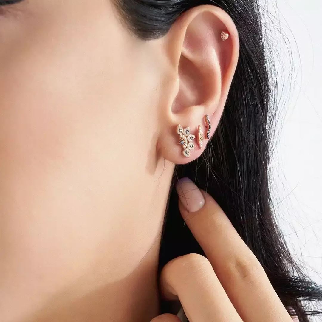 Sparkle Siyah Pırlanta Taşlı Rose Altın Tek Küpe