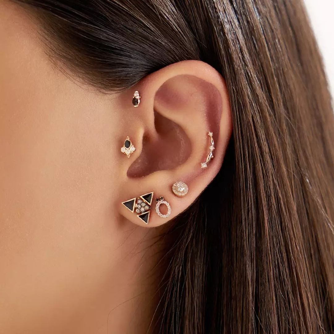 Trigon Brown Pırlanta Taşlı ve Siyah Mineli Rose Altın Küpe