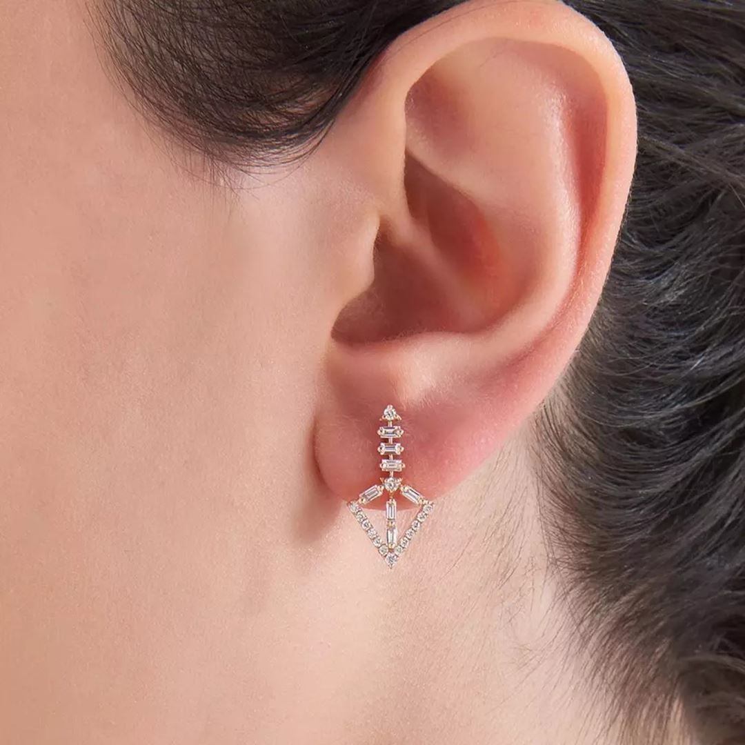 Empire Baget Pırlanta Taşlı Rose Altın Küpe