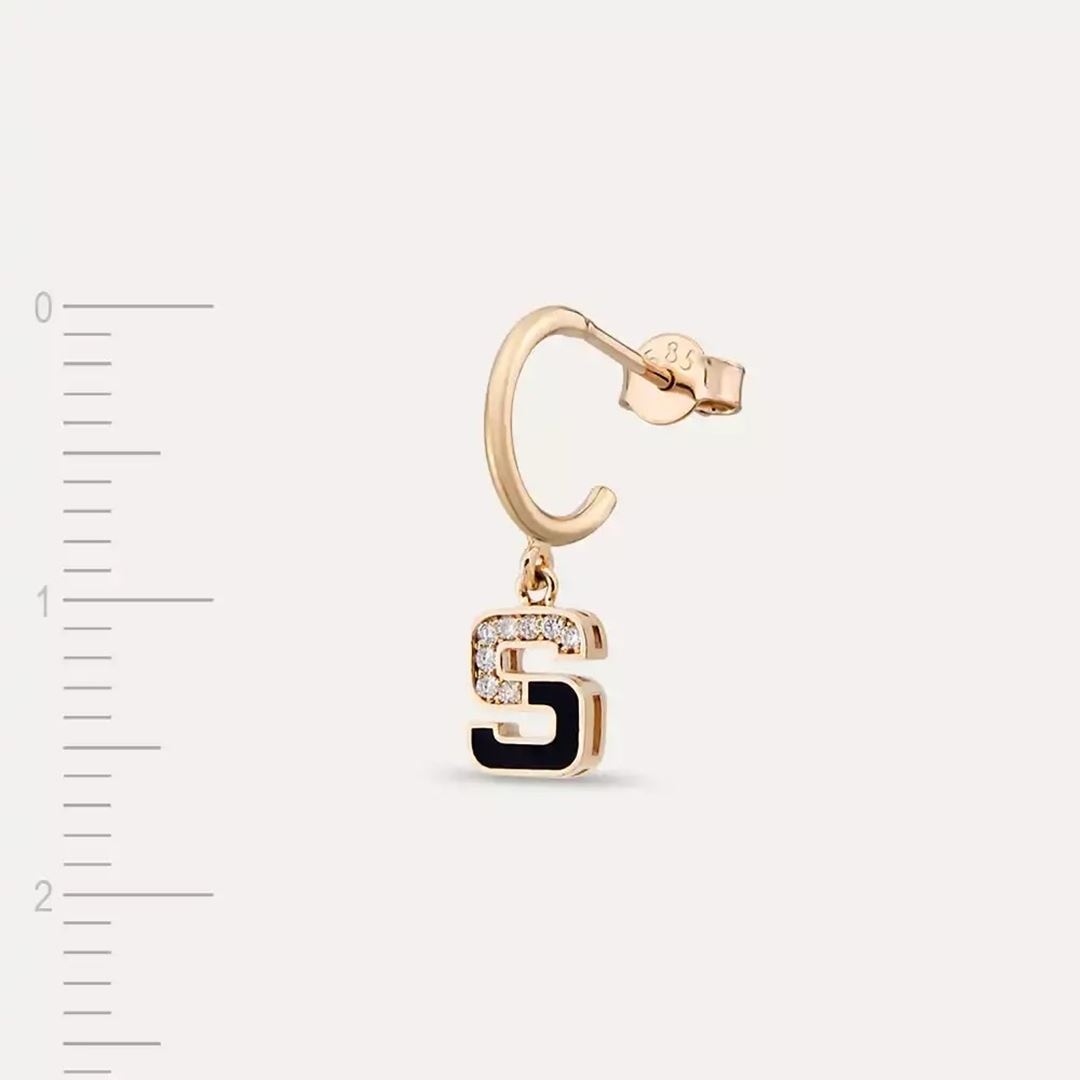 S Harf Siyah Mineli ve Pırlanta Taşlı Tek Küpe