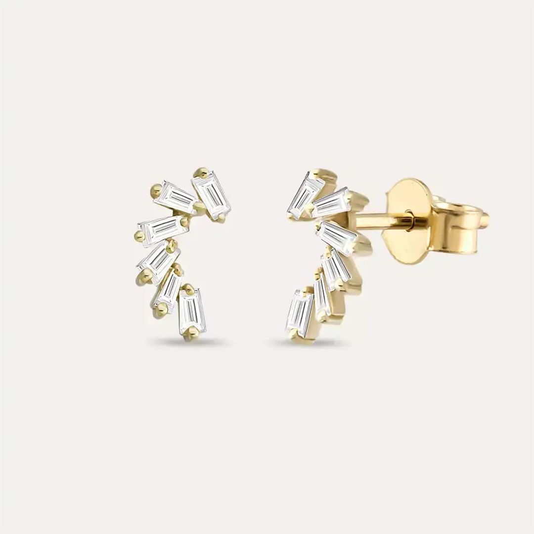 Bevel Pırlanta Taşlı Sarı Altın Küpe