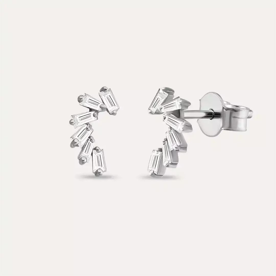 Bevel Pırlanta Taşlı Beyaz Altın Küpe