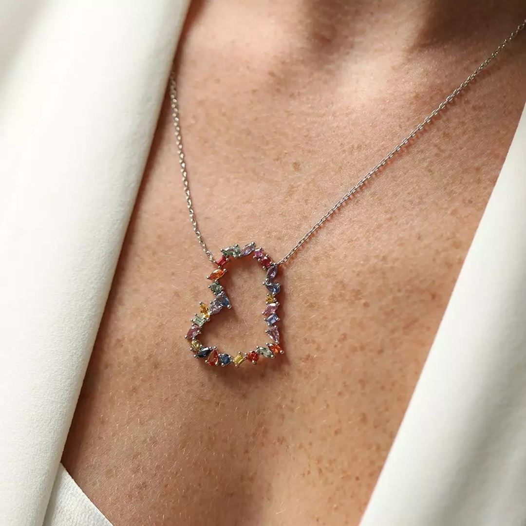 Heart 4.51 CT Multicolor Safir Taşlı Beyaz Altın Kolye