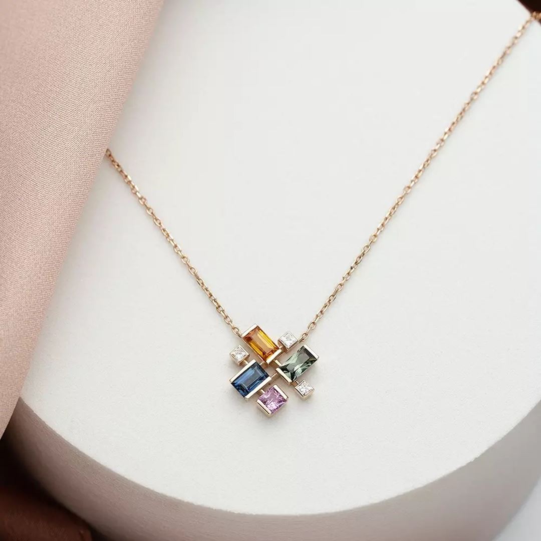 Jolly 1.38 CT Multicolor Safir ve Pırlanta Taşlı Rose Altın Kolye