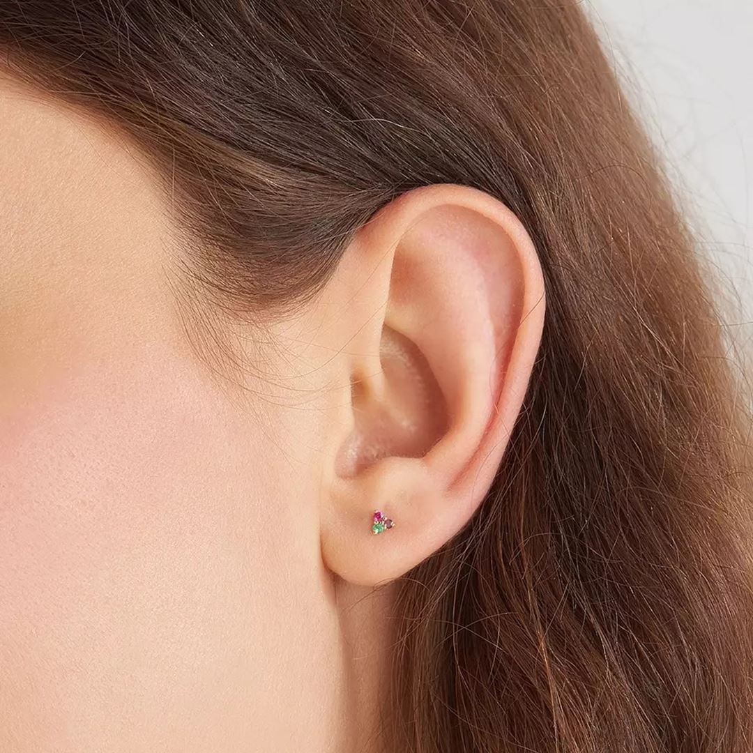 Triangle Ametist, Yakut ve Zümrüt Taşlı Sarı Altın Mini Tek Küpe