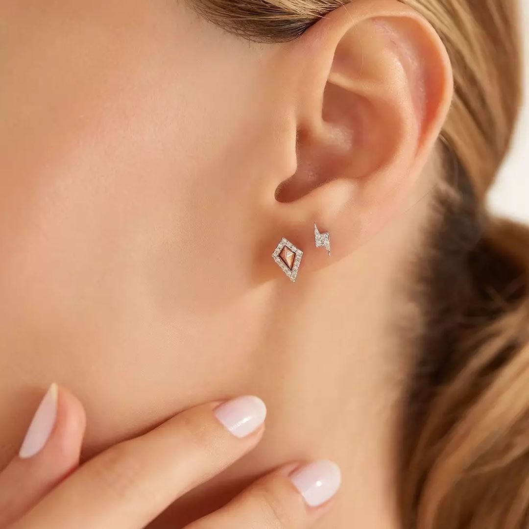 Punta Pırlanta Taşlı Rose ve Beyaz Altın Küpe