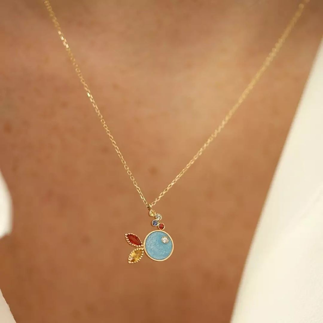 Fisht Multicolor Safir ve Pırlanta Taşlı Mavi Mineli Sarı Altın Kolye