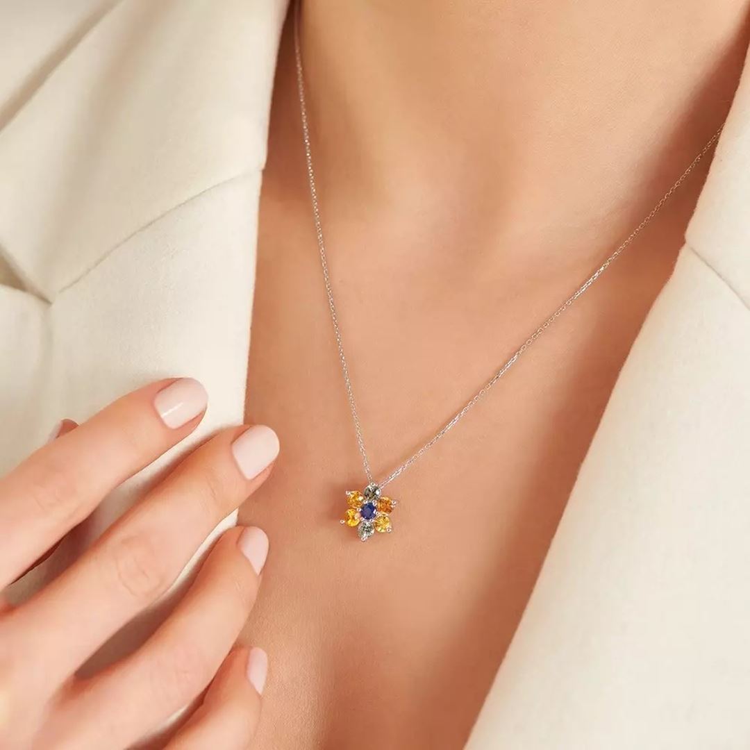 Luvis Multicolor Safir Taşlı Beyaz Altın Kolye