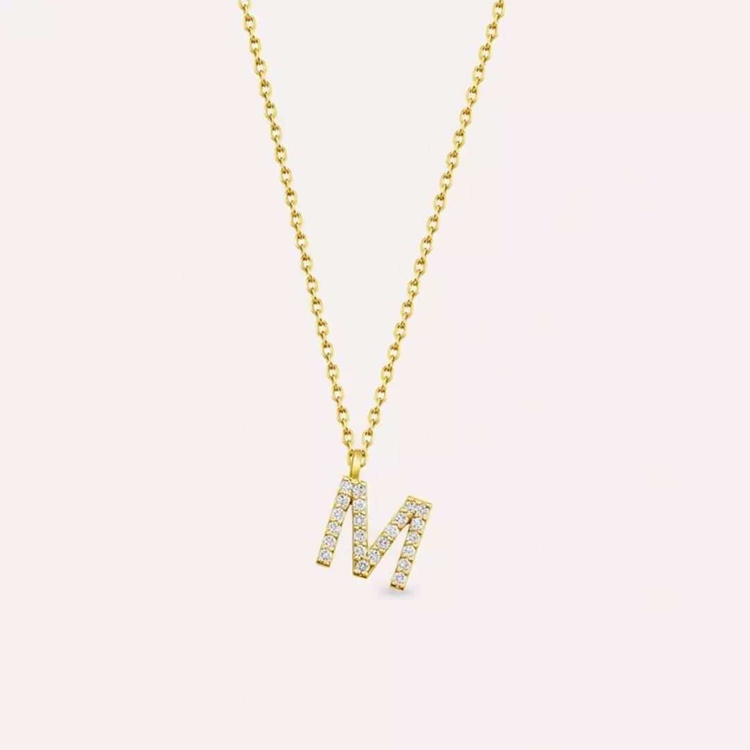 M Harf Pırlanta Taşlı Sarı Altın Kolye