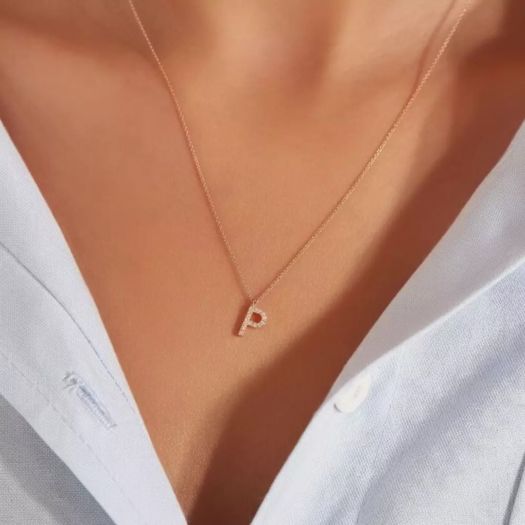 P Harf Pırlanta Taşlı Rose Altın Kolye