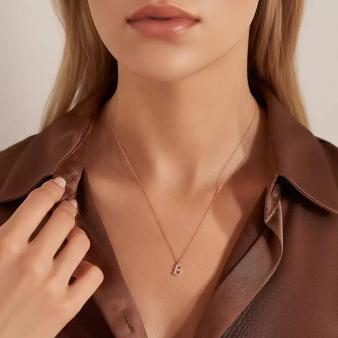 B Harf Pırlanta Taşlı Sarı Altın Kolye