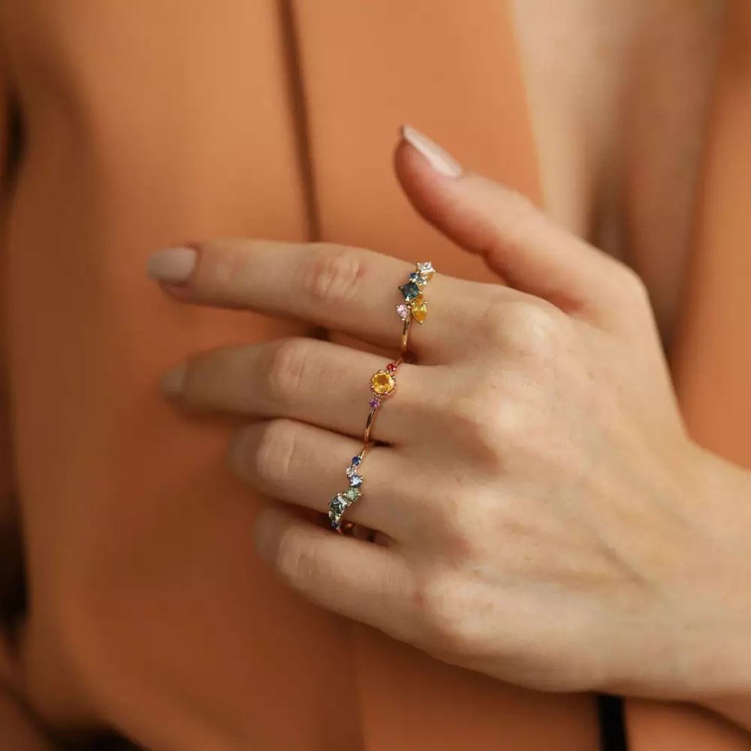 Trine Orange ve Red Safir Taşlı Rose Altın Yüzük