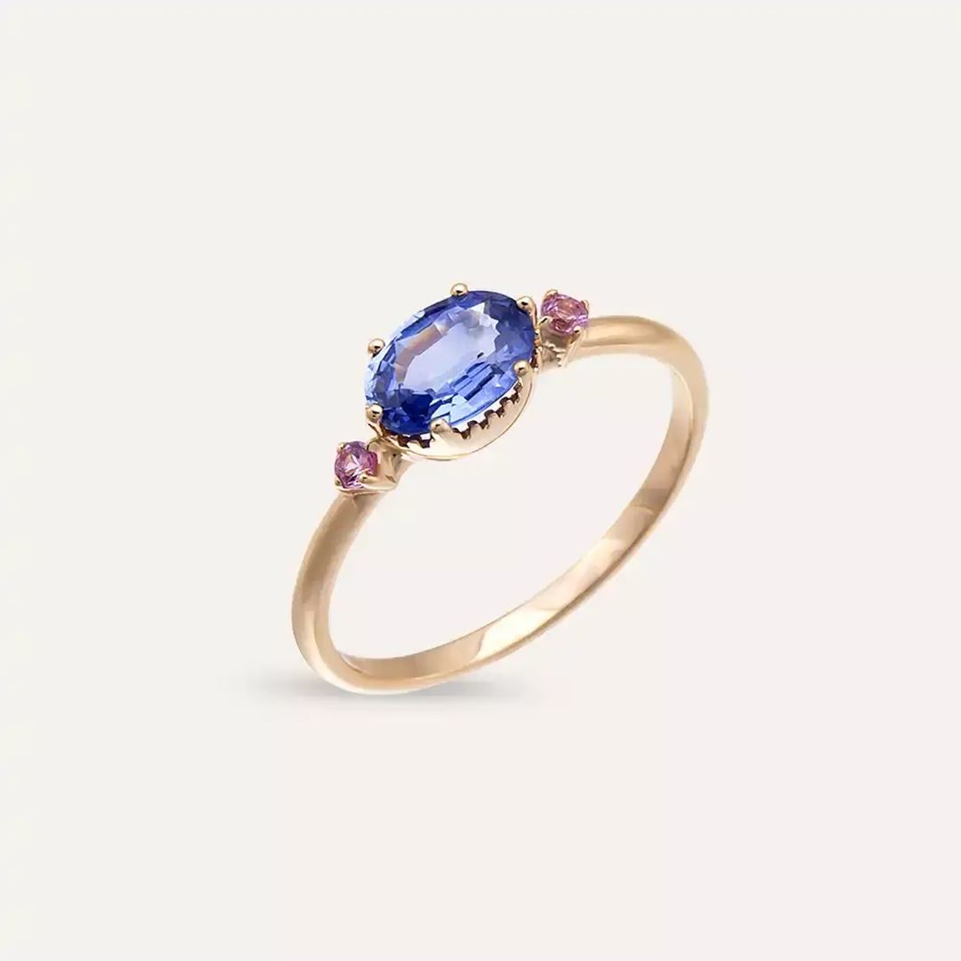 0.89 CT Blue ve Pink Safir Taşlı Rose Altın Yüzük
