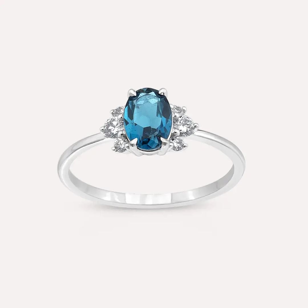 0.98 CT London Blue Topaz ve Pırlanta Taşlı Beyaz Altın Yüzük
