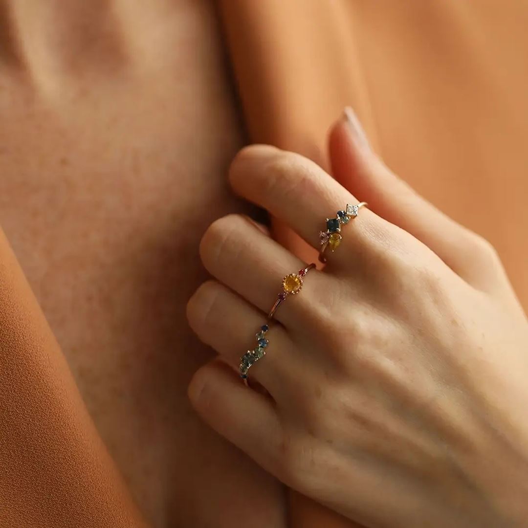 0.88 CT Multicolor Safir ve Pırlanta Taşlı Sarı Altın Yüzük