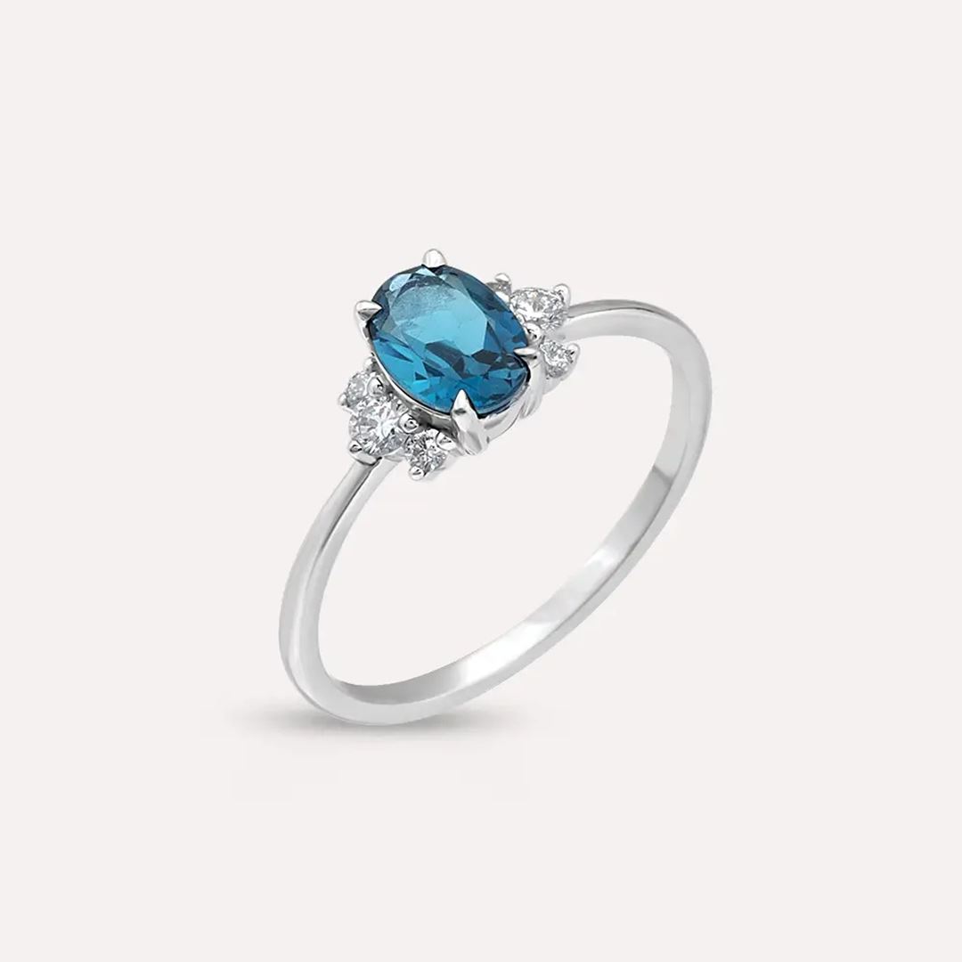 0.98 CT London Blue Topaz ve Pırlanta Taşlı Beyaz Altın Yüzük