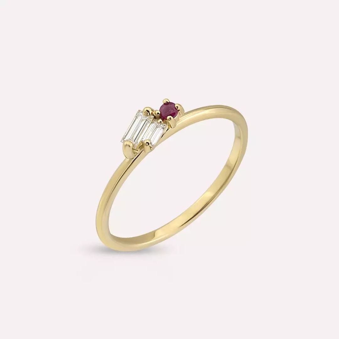 Seed 0.19 CT Yakut ve Baget Pırlanta Taşlı Sarı Altın Yüzük