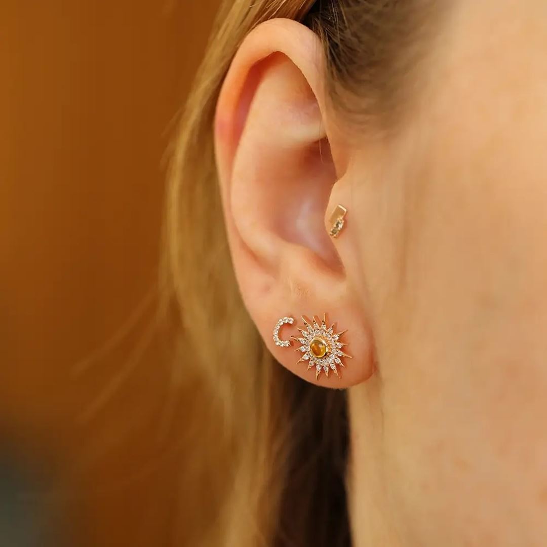 C Harf Pırlanta Taşlı Rose Altın Piercing