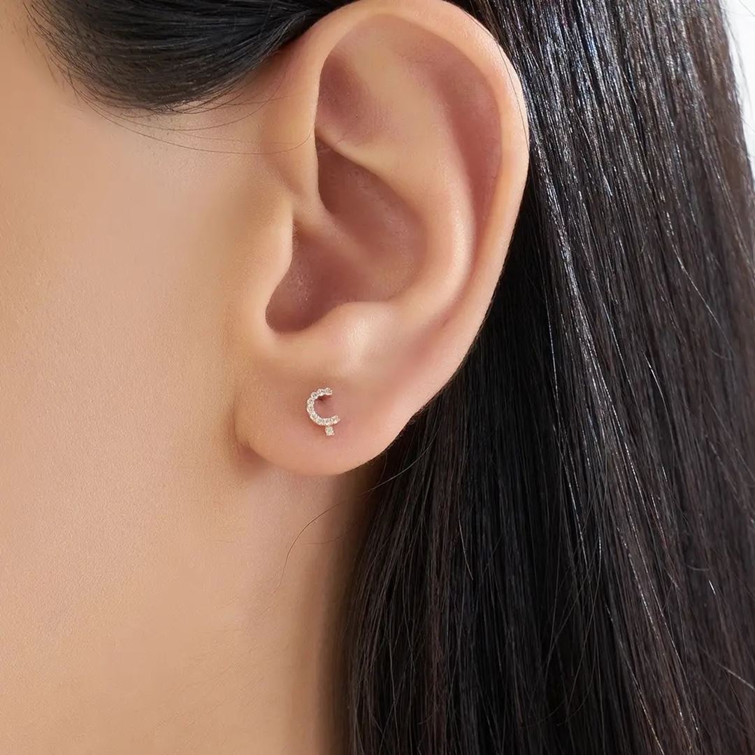 Ç Harf Pırlanta Taşlı Rose Altın Piercing
