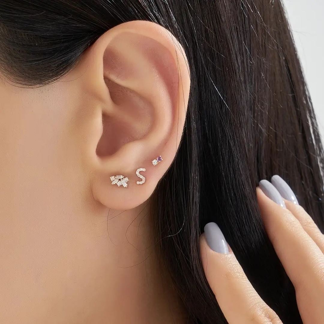 S Harf Pırlanta Taşlı Rose Altın Piercing