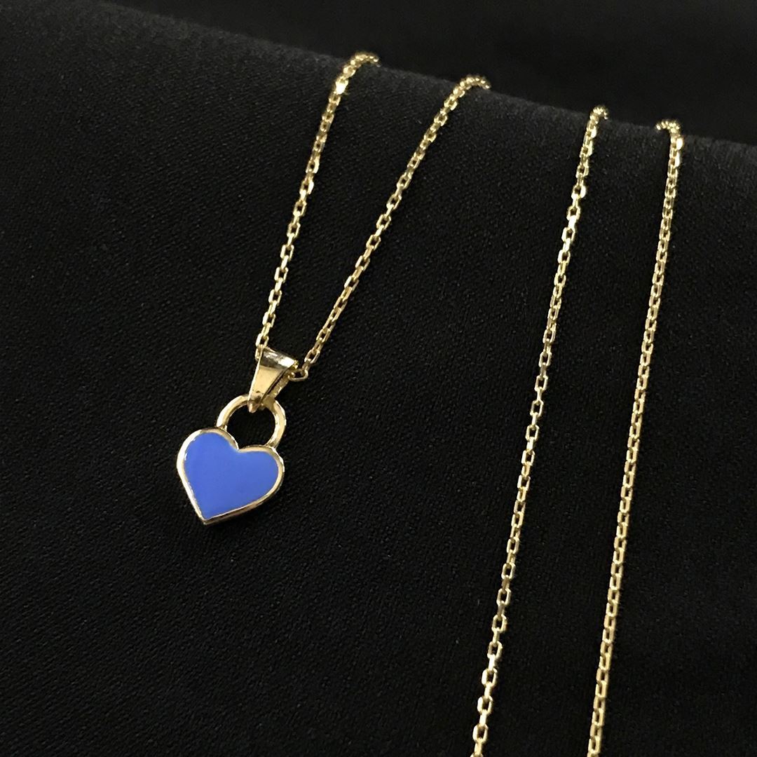 8 Ayar Mavi Mineli Kalp Kolye 8A0019