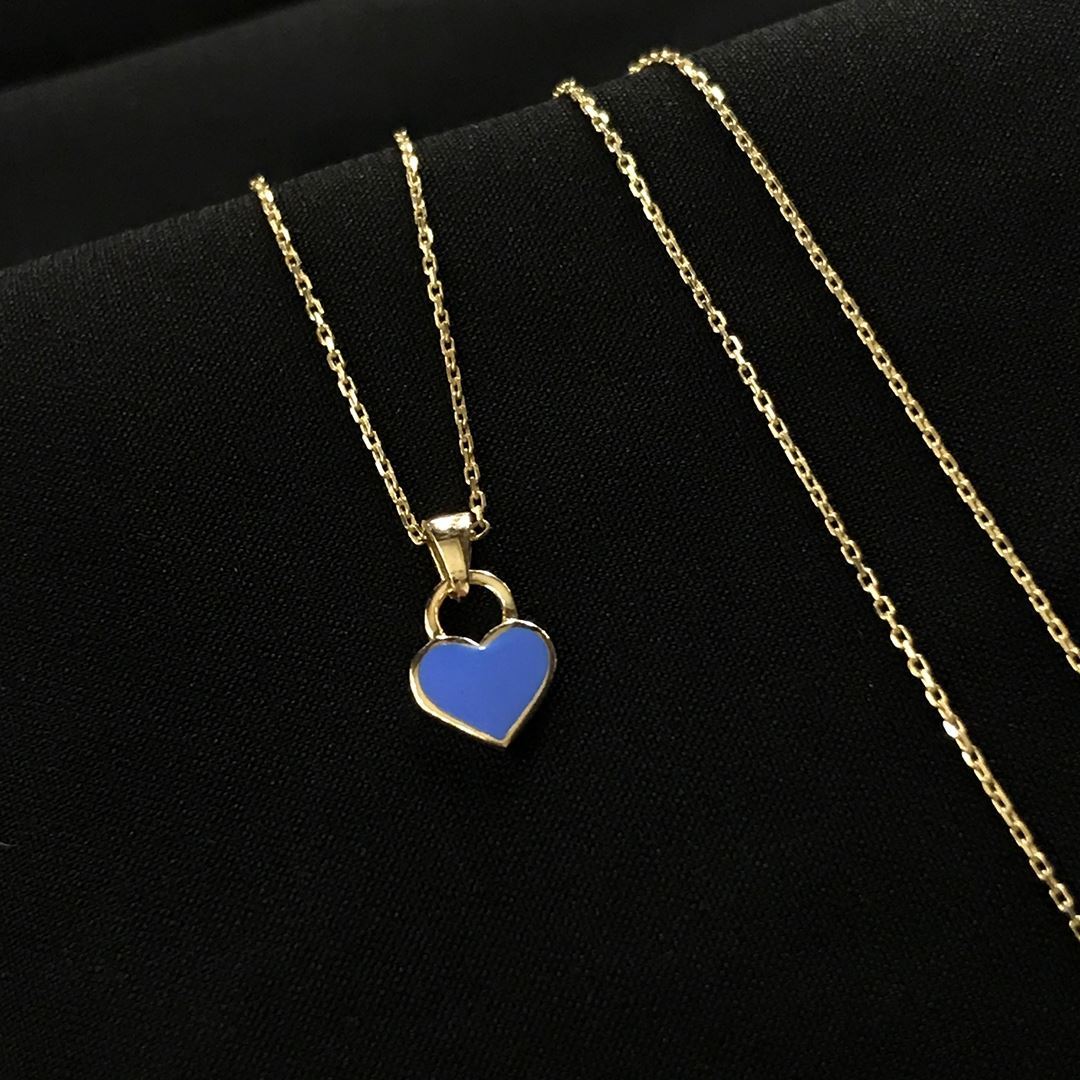 8 Ayar Mavi Mineli Kalp Kolye 8A0019