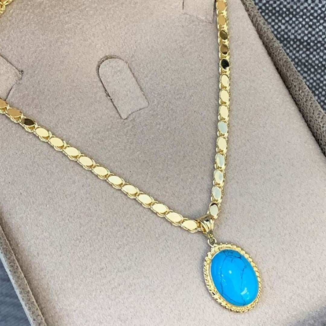 Pullu Zincirli Mavi Taşlı Altın Kolye KL0016