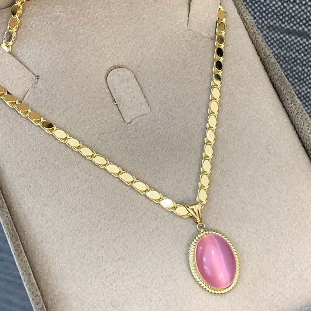 Pullu Zincirli Pembe Taşlı Altın Kolye KL0017