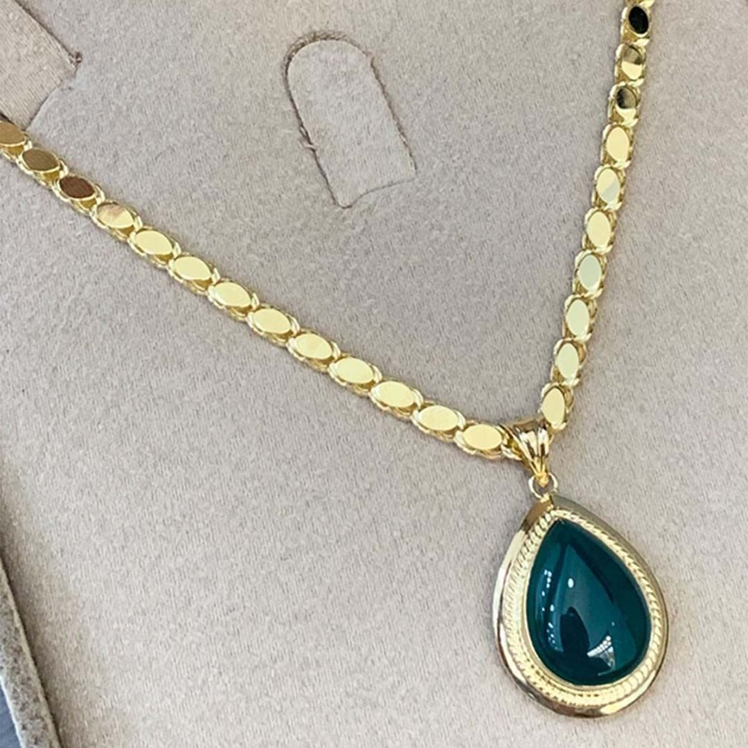 Pullu Zincirli Siyah Damla Taşlı Altın Kolye KL0020