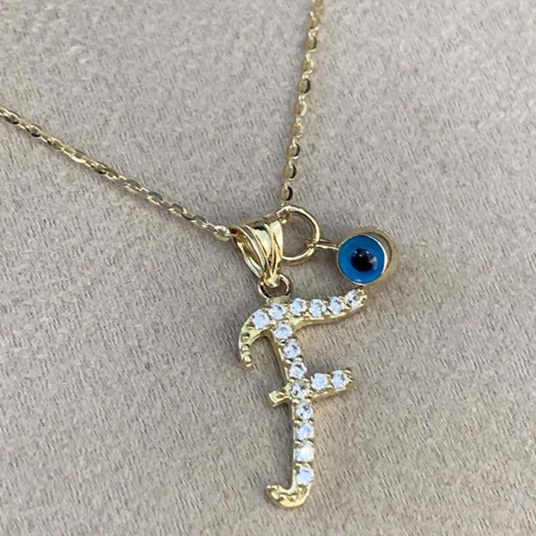 Nazar Boncuklu Taşlı Harf Altın Kolye KL0025