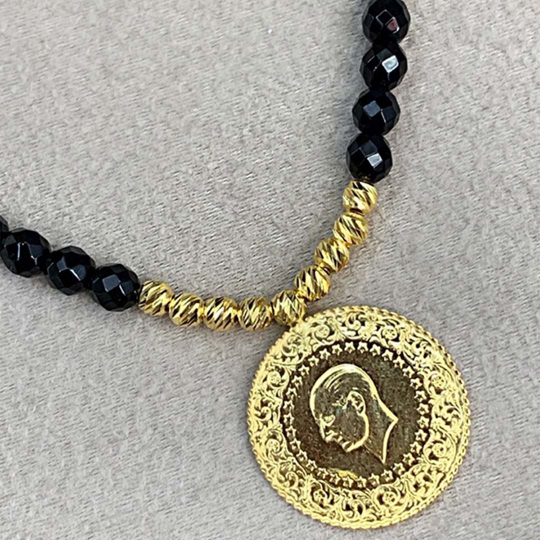 Çeyrek Altın Dorika Toplu Siyah Taşlı Kolye KL0193