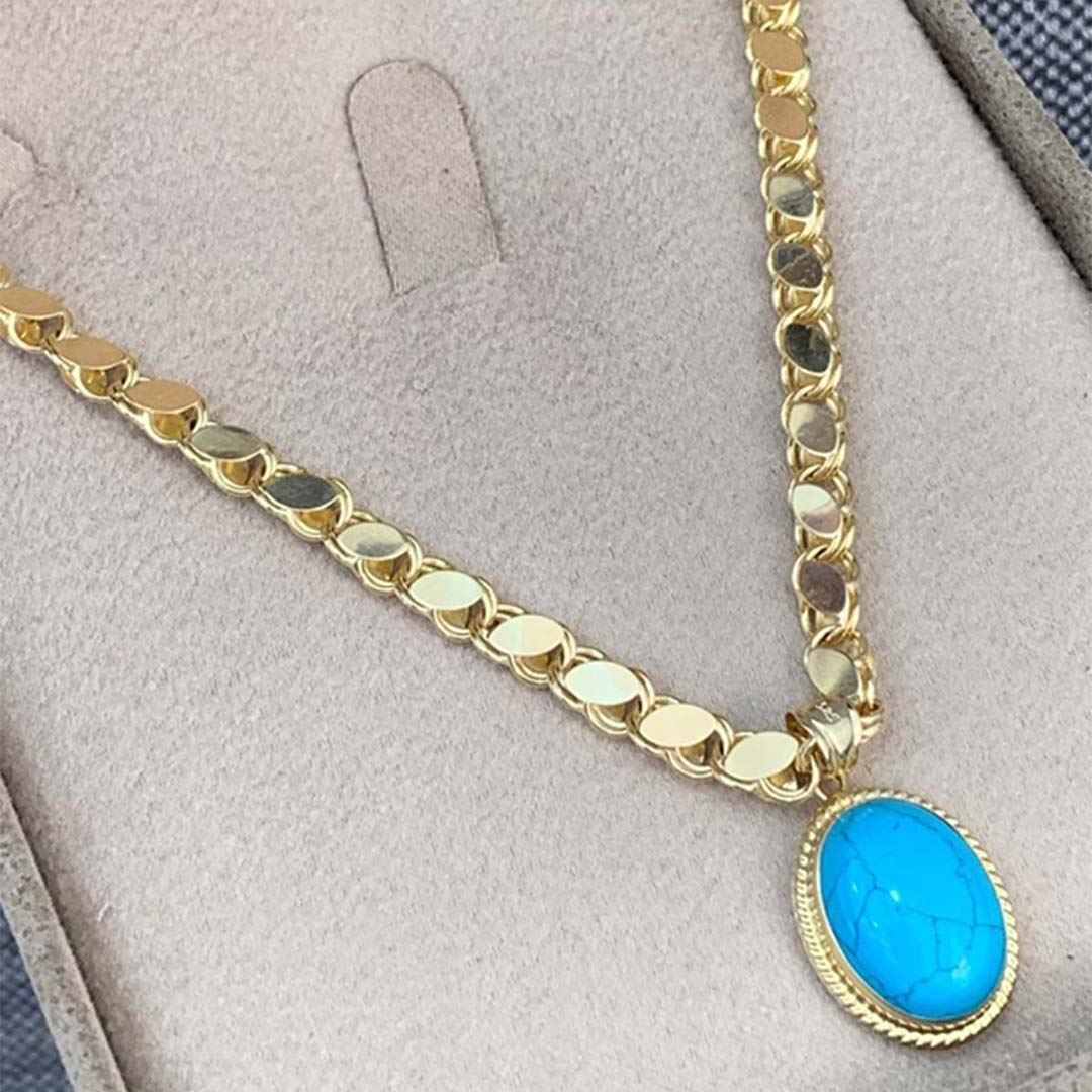 Firuze Taşlı Toplu Zincirli Altın Kolye YE0001