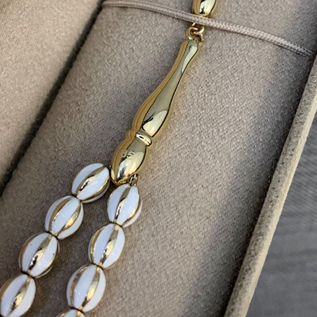 Beyaz Taşli Altin İşleme Tesbih TSBH089