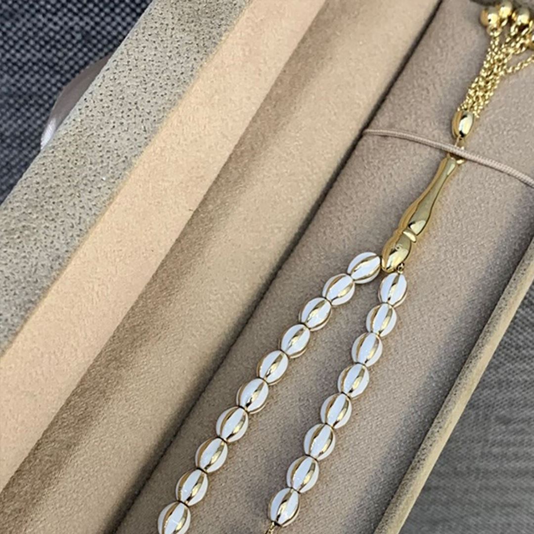 Beyaz Taşli Altin İşleme Tesbih TSBH089