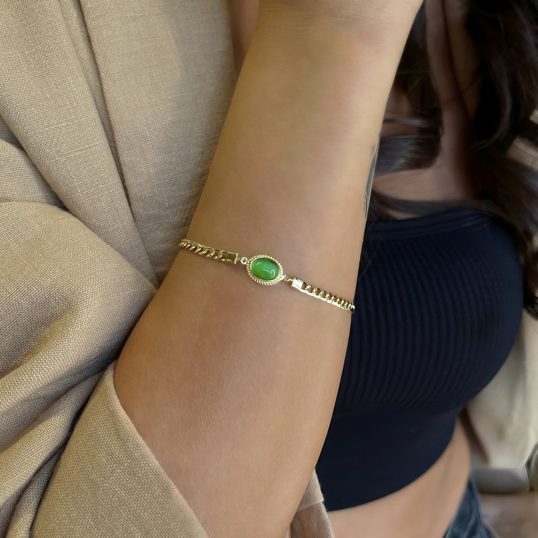 Yeşil Taş Detaylı Altın Bileklik A0045
