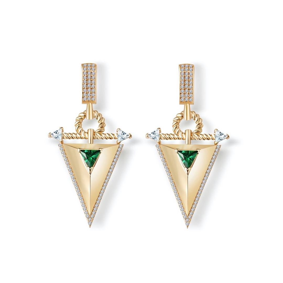 Zümrüt Taşlı Üçgen Sallantılı Altın Küpe CA0094