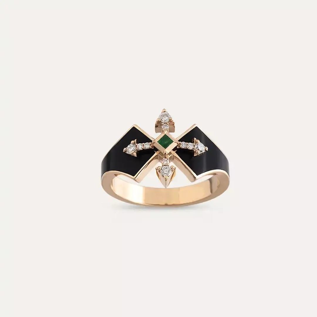 0.18 CT Zümrüt ve Pırlanta Taşlı Siyah Mineli Rose Altın Yüzük