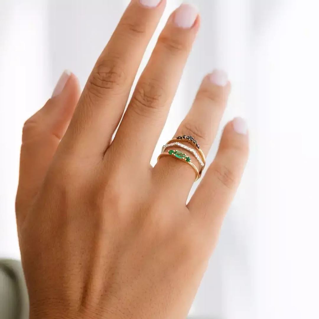 0.55 CT Zümrüt ve Siyah Pırlanta Taşlı Çoklu Yüzük