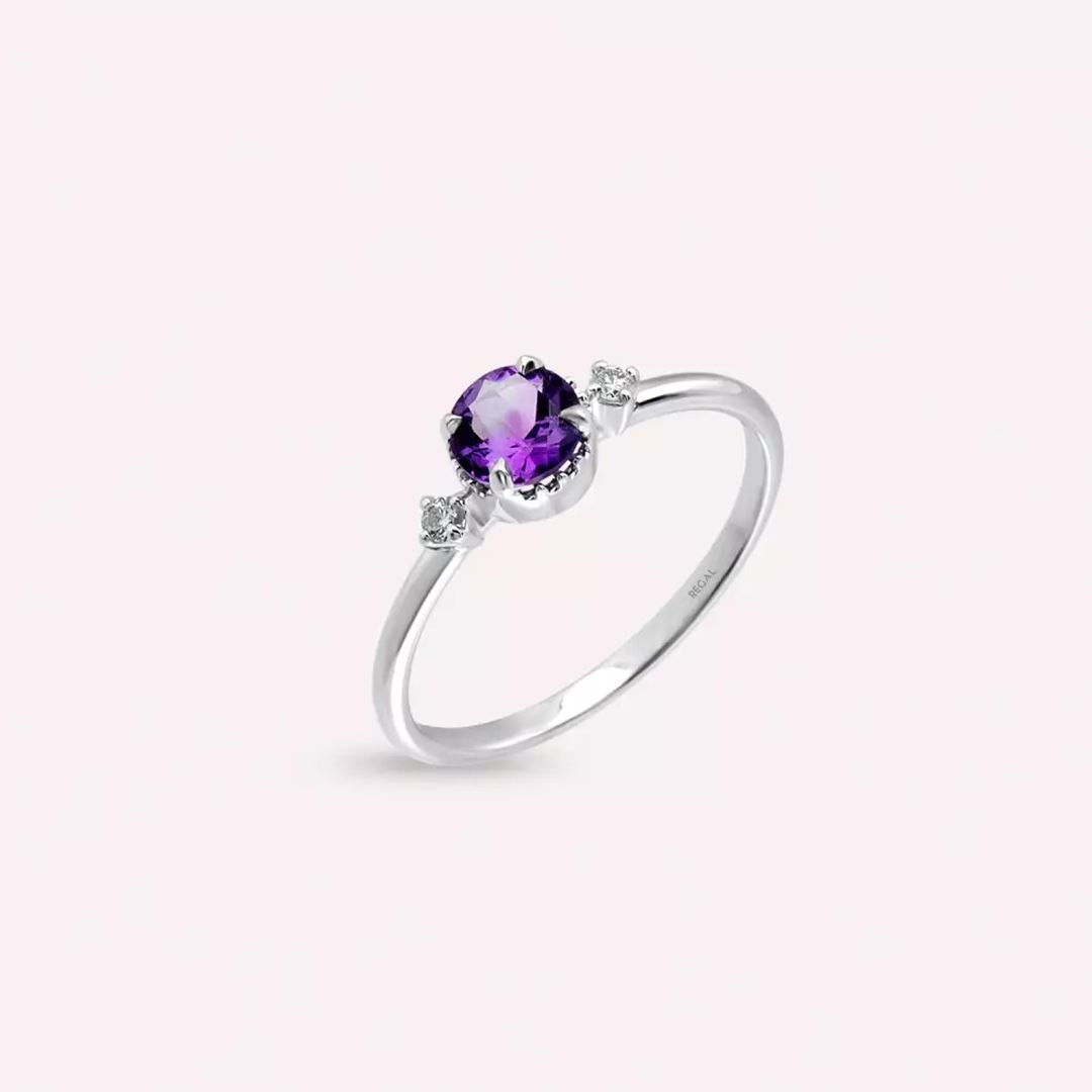 Trine Ametist ve Pırlanta Taşlı Beyaz Altın Yüzük