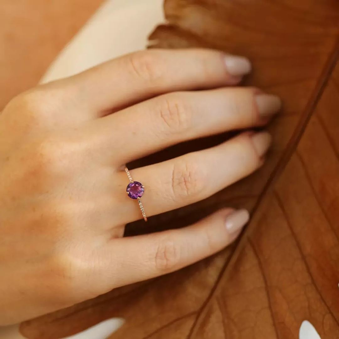 Violet Ametist ve Pırlanta Taşlı Rose Altın Yüzük
