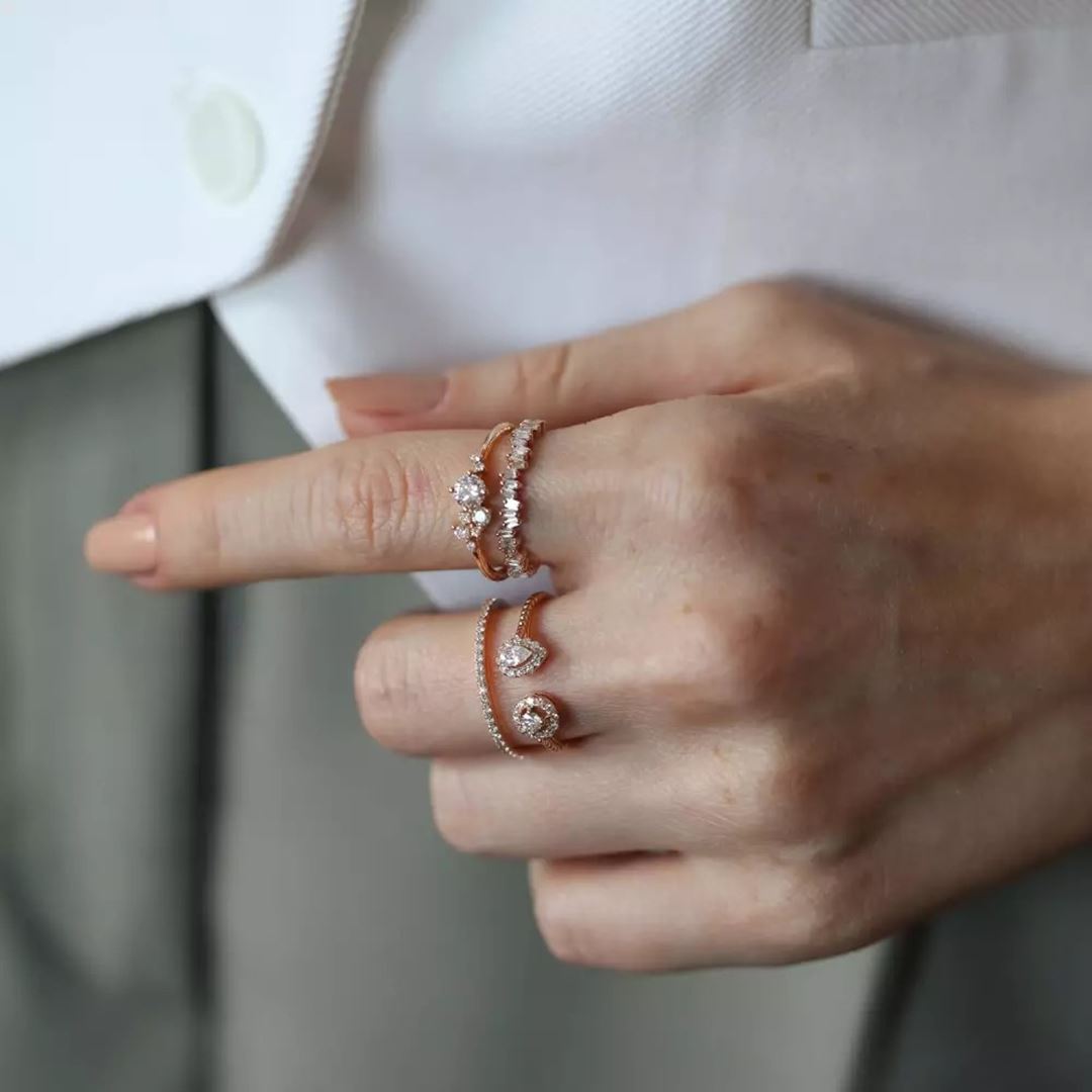 Baget Kesim Pırlanta Taşlı Rose Altın Yarımtur Yüzük