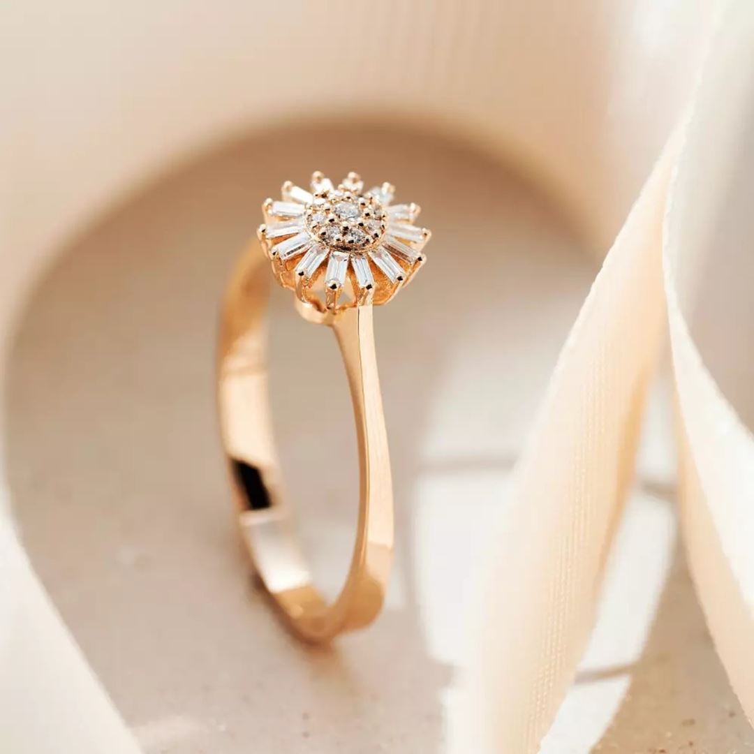 Shiny Baget Kesim Pırlanta Taşlı Rose Altın Yüzük