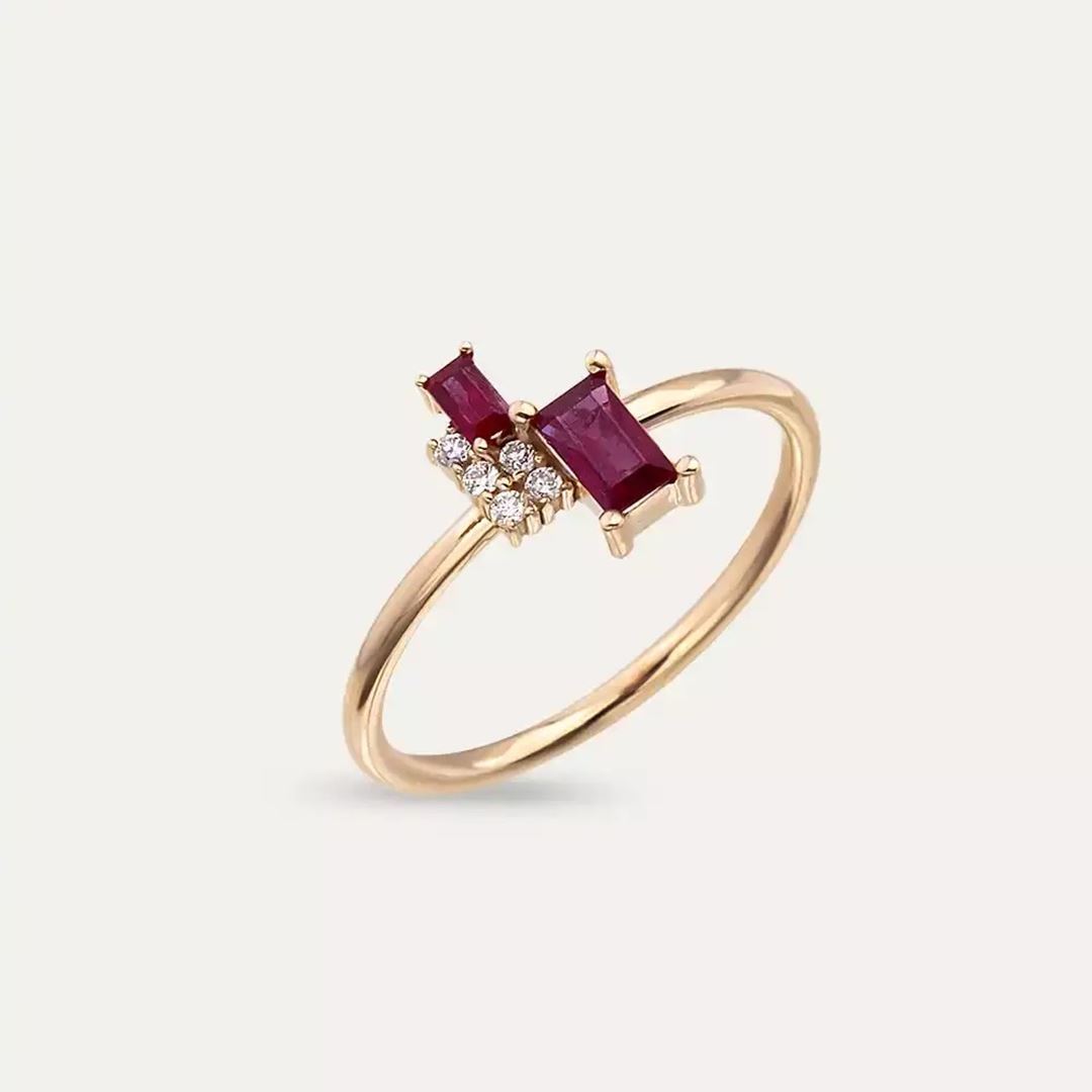 0.48 CT Baget Kesim Yakut Taşlı Rose Altın Yüzük