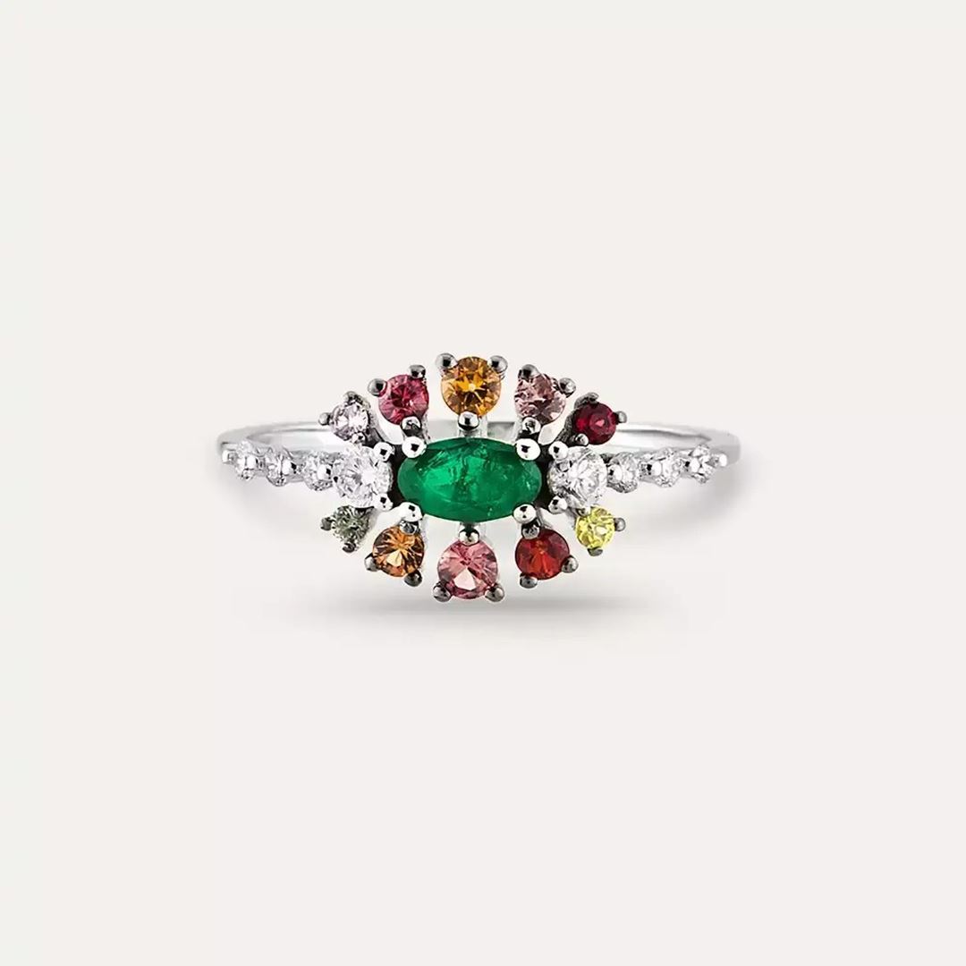 0.73 CT Multicolor Safir ve Zümrüt Taşlı Beyaz Altın Yüzük
