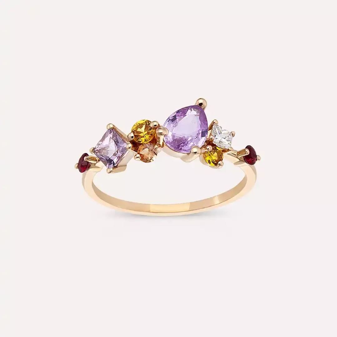 1.74 CT Multicolor Safir ve Pırlanta Taşlı Rose Altın Yüzük