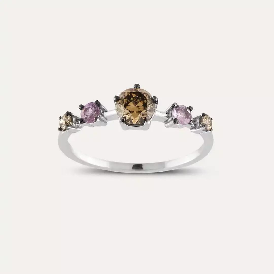 0.85 CT Brown Pırlanta ve Pink Safir Taşlı Beyaz Altın Yüzük
