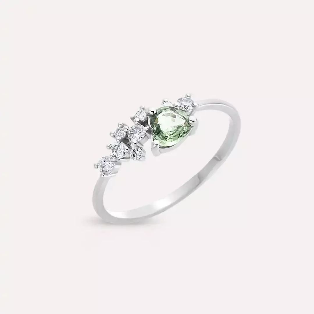 Green Safir ve Pırlanta Taşlı Beyaz Altın Yüzük