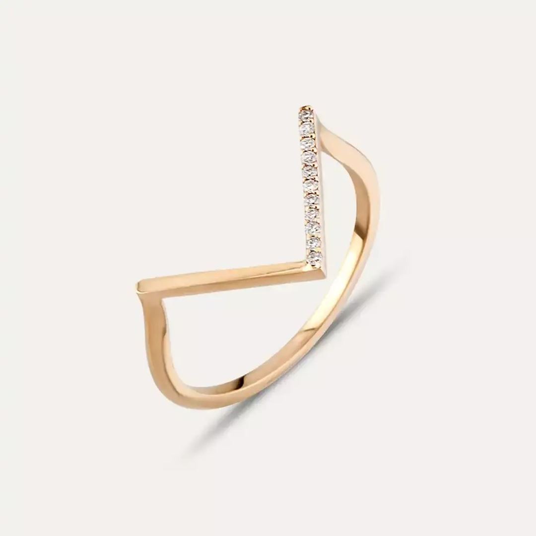 Pırlanta Taşlı Rose Altın Minimal V Yüzük